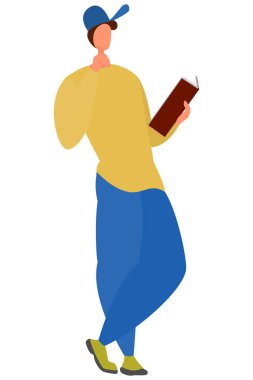 Bacak bacak üstüne atmış beyzbol şapkalı bir adam elinde açık bir kitabın içinde duruyor. Bedava poz veren bir adam kitap okur. Vektör stili çizim, izole, düz.