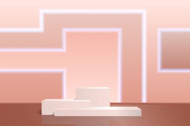 Sergi için podyum pembesi. Neonlu soyut geometrik arkaplan. Vektör, stil gerçekçiliği. Sunum için asgari bir aşama.