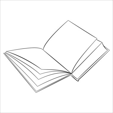 Açık sayfaları olan kağıttan yapılmış bir kitap. Okuyacak kalın bir roman. Kütüphane tasarımı için vektör simgesi. Vektör beyaz, ana hat biçiminde izole edildi.