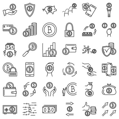 Elektronik ödemeler için Bitcoin. Bitcoin ile vektör simgeleri kümesi. Finans, depozito, internet ekonomisi. Para simgesi, servet, para değişimi. Beyaz üzerinde izole edilmiş, özet.