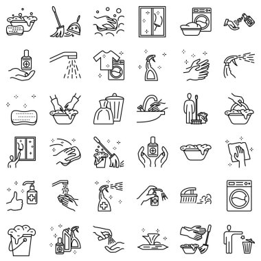 Vektör simgesini ayarlayın - temiz, dezenfeksiyon, temizlik, yıkama. Ödev, çamaşır yıkama, el temizliği, pencere temizliği. Vektör, izole edilmiş, Taslak, 48x48 piksel.