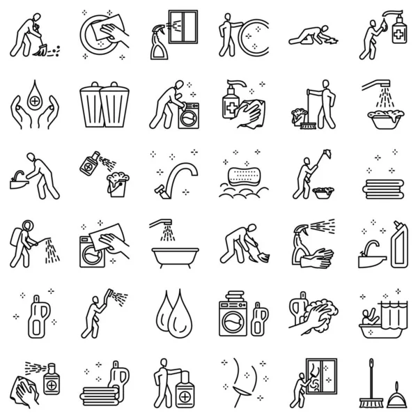 Temizleme ve dezenfeksiyon ikonu seti. Çamaşır yıkamak, çöp toplamak, ellerini yıkamak. Web uygulaması için basit vektör simgeleri, izole edilmiş, Outline. Saflık ve tazelik kavramı.