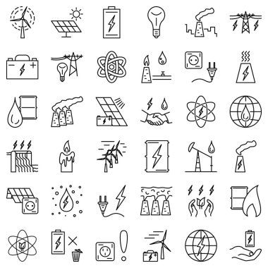 Enerji tipleri - atom, gaz, yağ, elektrik, su. Hidroelektrik santraller, nükleer enerji santrali, petrol kulesi. Vektör simgeleri kümesi, izole, Outline, mükemmel piksel 48x48.
