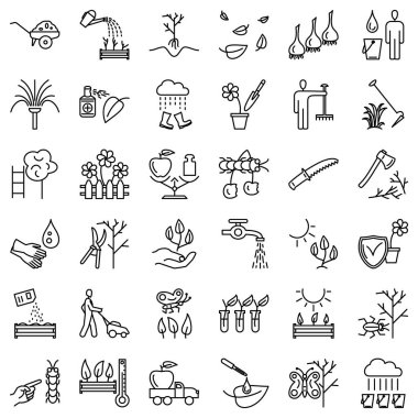 Bahçıvanlık, bahçe aletleri, tohum ekme ve bakımı, hasat, sulama filizleri, haşerelerin yok edilmesi. Vektör simgeleri kümesi, Taslak, izole edilmiş, 48x48.