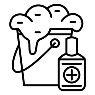 Köpüklü kova, antiseptikli şişe. Hijyen, temizlik ve dezenfeksiyon. Vektör Simgesi, Taslak, İzole edilmiş, 48x48 Piksel.