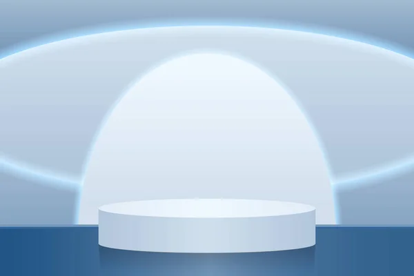 Soyut mavi arkaplanda yuvarlak elementlerle podyum. Reklam sunumu için kaldırım taşı. 3d, vektör, gerçekçilik.
