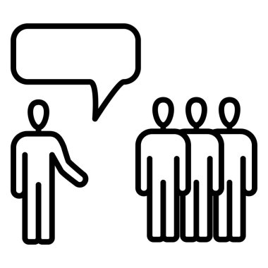 Kalabalığın önünde bir kişi konuşuyor. Konuşmacı konuşma diyor. Kalabalık kontrolü. Vektör simgesi, özet, izole edilmiş.