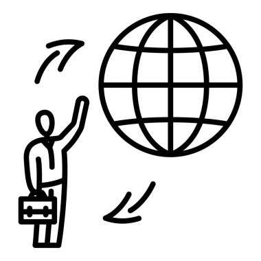 İş adamı ve küresi. Tüm dünyayla iletişim. Uluslararası iletişim. Dünya çapında ağ. Kısıtlama yok. Vektör simgesi, özet, izole edilmiş.