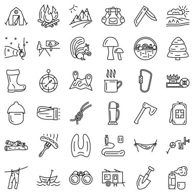 Turizm, açık hava aktiviteleri, kamp, ormanda macera, doğada seyahat. Bir turist için aletler. Otokamp, güzergah gezileri, konum haritası. Simge kümesi, vektör, Taslak, 48x48 piksel.