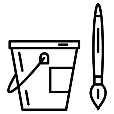 Ressamın, ressamın aletleri. Bir kova boya ve fırça. Ev onarımı, resim, yaratıcı atölye, alet atölyesi. Simge, vektör, dış hat, izole edilmiş.