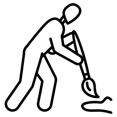 Bir adam zemini boyuyor. Fırçalı bir sanatçı. Boyama atölyesi. Yaratıcı stüdyo. Simge, vektör, dış hat, izole edilmiş.