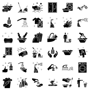 Ev işi, el yıkama, otomatik yıkama, çöp temizleme, temizlik ve hijyen. Temizlik, dezenfeksiyon aletleri. Bir grup vektör simgesi, kabartma, izole edilmiş, 48x48 piksel.