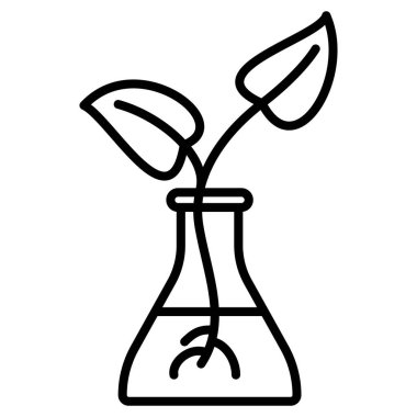 Cam şişede yaprakları olan bir bitki. Bilimsel deney, biyoteknolojiler. Vektör simgesi, özet, izole edilmiş.