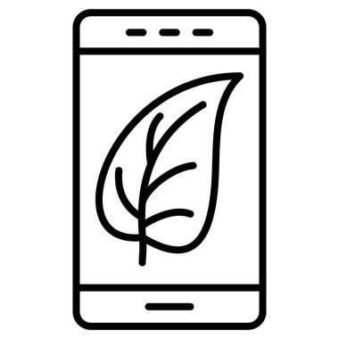 Akıllı telefon ekranında bir bitkinin yaprağı. Çevrenin korunması. Monitördeki yaprağın bilgisayar görüntüsü. Vektör simgesi, özet, izole edilmiş.