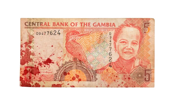 5 Gambian dalasi nota bancária, sangrento — Fotografia de Stock