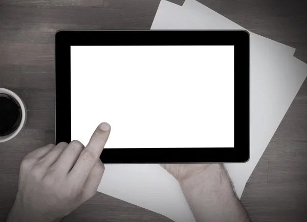 Tablet touch computer gadget on wooden table — Stock Photo, Image