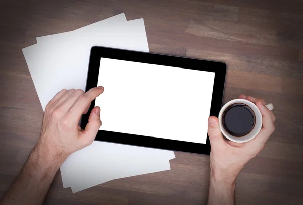 Tablet toque gadget computador na mesa de madeira — Fotografia de Stock