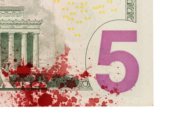 Billete de cinco dólares, primer plano, sangre — Foto de Stock