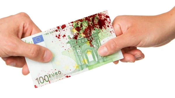 Man giving 100 euro to a woman, bloody — Stock Photo, Image