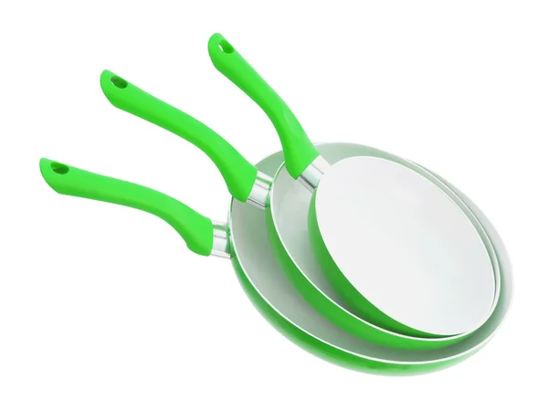 Set of three frying pans, green — Stock Photo, Image