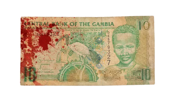 10 Gambian dalasi nota bancária, sangrento — Fotografia de Stock