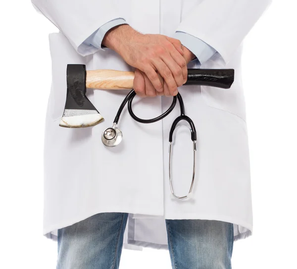 Evil medic holding a small axe — Stock Photo, Image