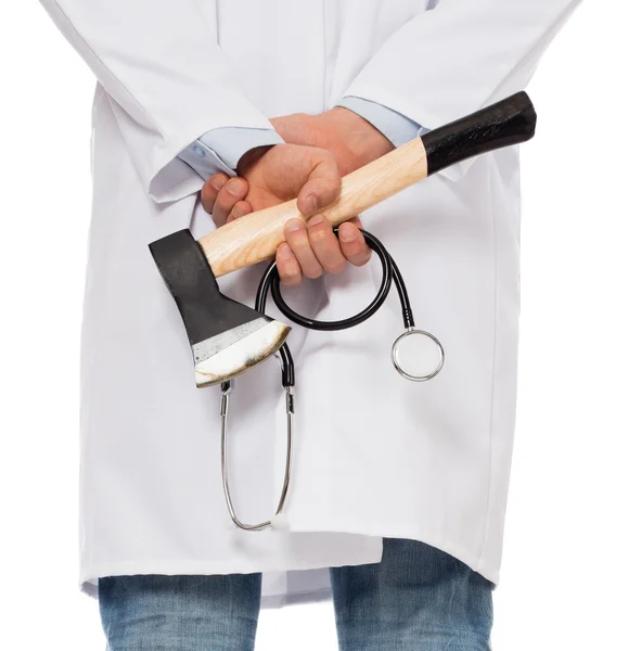 Evil medic holding a small axe — Stock Photo, Image