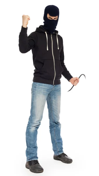 Thief with metal crowbar — Stock Photo, Image