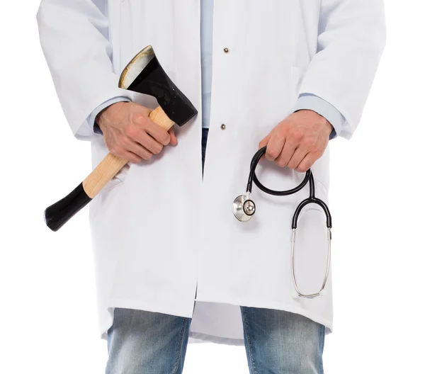 Evil medic holding a small axe and stethoscope — Stock Photo, Image
