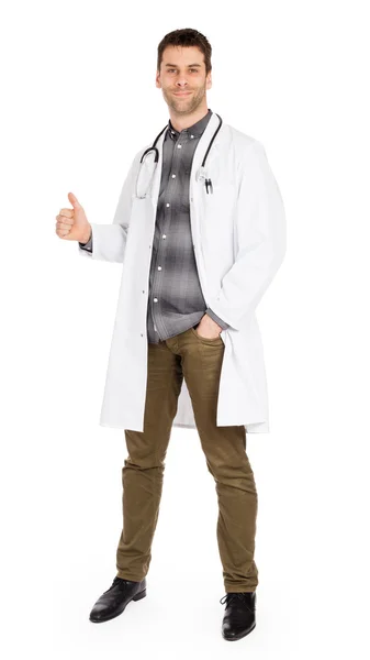Boldog férfi orvos hüvelykujj felbukkan — Stock Fotó
