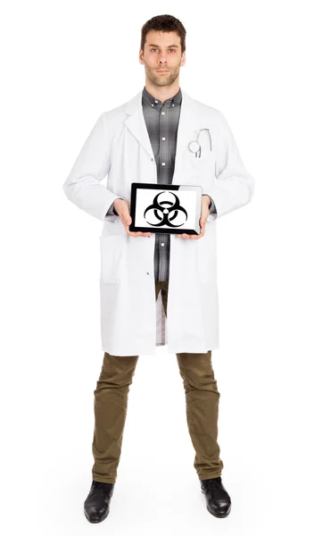 Doktor tablet - uyarı holding! Biyolojik tehlike! — Stok fotoğraf