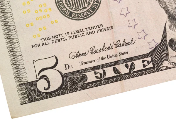 Nás pět dolarovou bankovku, zblízka — Stock fotografie
