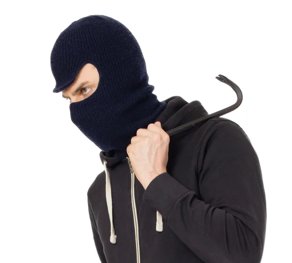 Thief with metal crowbar — Stock Photo, Image