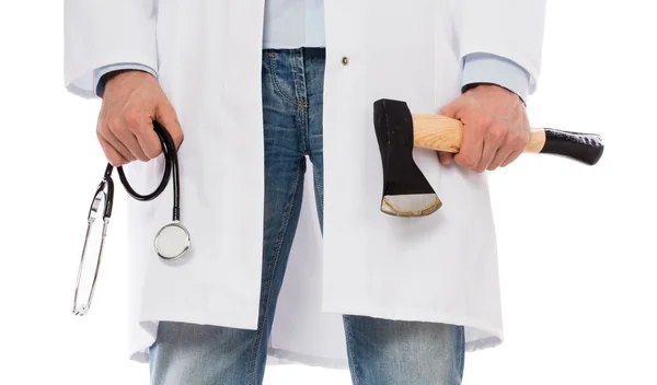 Evil medic holding a small axe and stethoscope — Stock Photo, Image