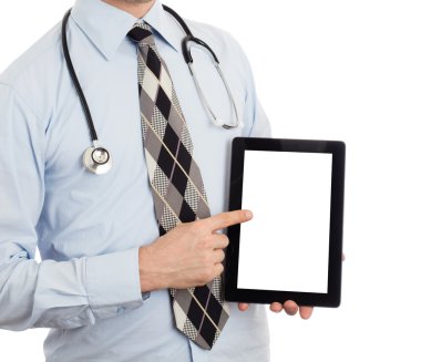 Doktor holding tabletiyle kopya alanı ve kırpma yolu için 