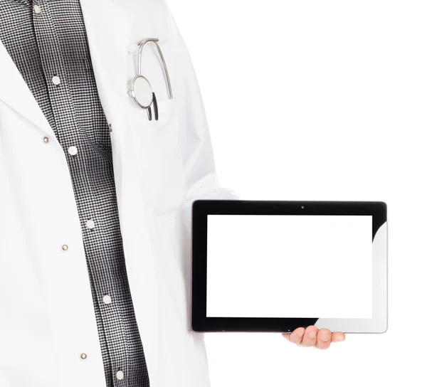 Γιατρός εκμετάλλευση tablet με αντίγραφο χώρου και διαδρομή αποκοπής για την — Φωτογραφία Αρχείου
