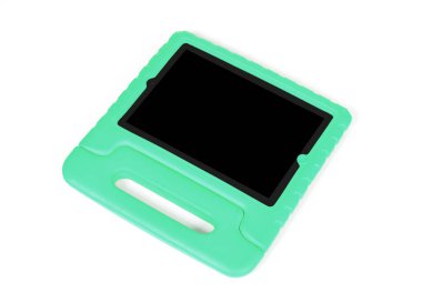 Parlak kapaklı tablet, çocuklar için tasarlanmış, beyaza izole edilmiş.