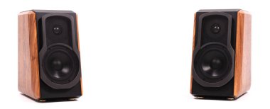 İzole ahşap hoparlörler, beyaz üzerine modern bluetooth hoparlör.