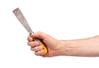 Beyaz arka planda izole edilmiş eski kullanılmış macun bıçağı.