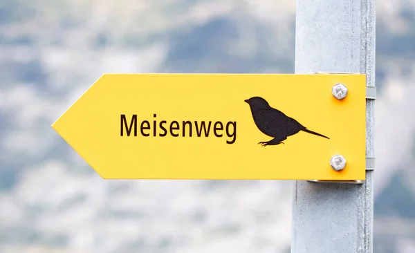 Road Tits Written German Meisenweg Yellow Sign Selective Focus —  Fotos de Stock