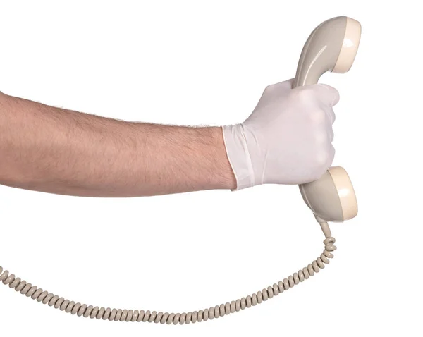 Luva Látex Com Telefone Antigo Isolado Fundo Branco Chamando Com — Fotografia de Stock