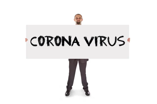 Uomo Affari Con Messaggio Corona Virus Isolato Bianco — Foto Stock