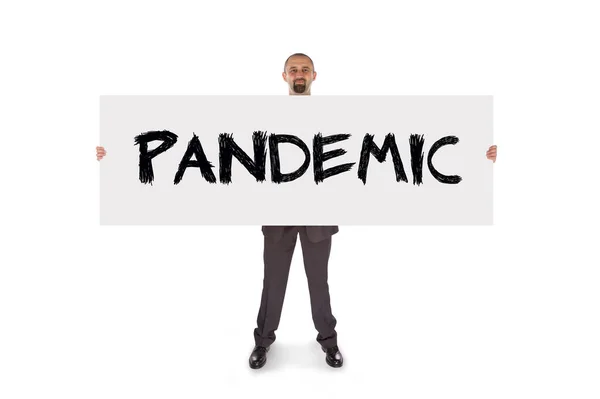 Empresario Con Mensaje Pandemia Aislado Sobre Blanco — Foto de Stock
