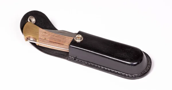 Vintage Canivete Caixa Couro Isolado Fundo Branco — Fotografia de Stock