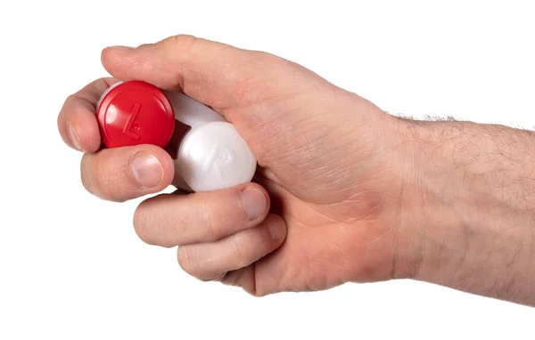 Man Hand Holding Contact Lens Case Isolated White — Stok Foto