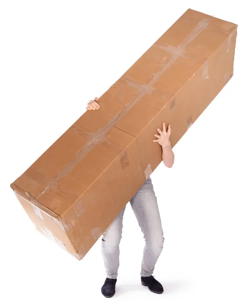 Hombre Llevando Una Caja Cartón Gran Tamaño Aislado Blanco — Foto de Stock