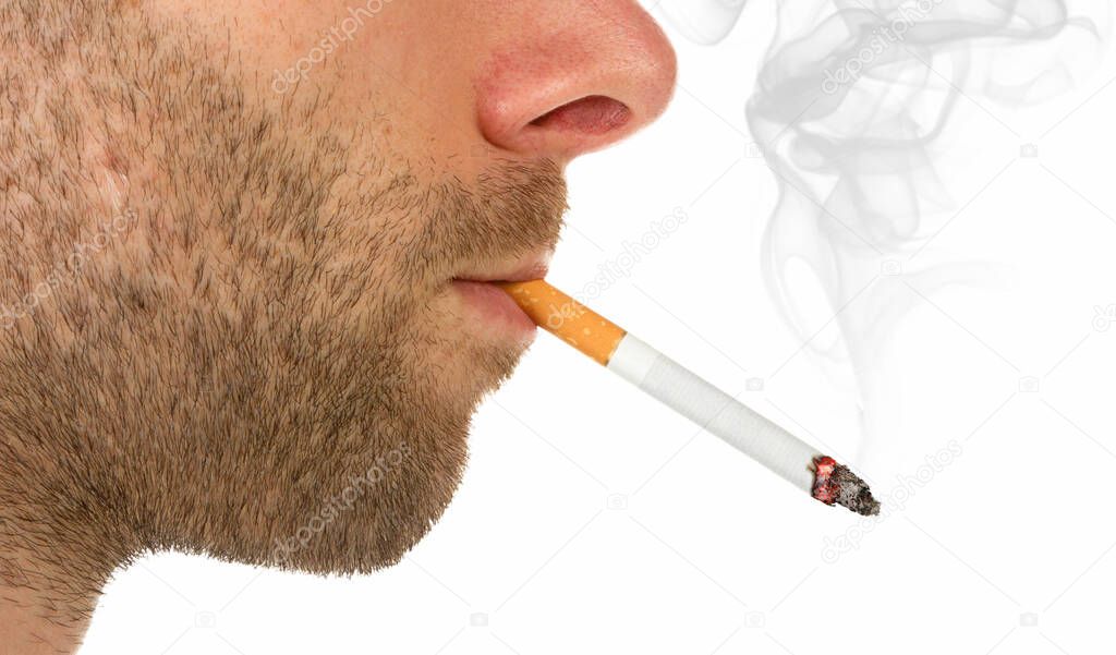 Side view of a man with a cigarette burning, isolated