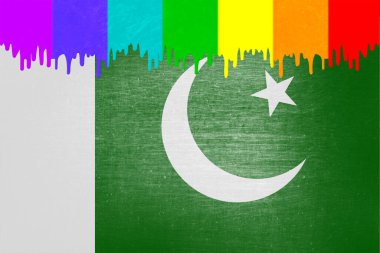 Pakistan bayrağının üzerine (gökkuşağı bayrağının renginde) boya damlıyor
