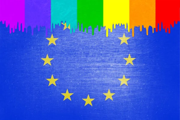 Verf Kleuren Van Regenboogvlag Druipt Nationale Vlag Van Europese Unie — Stockfoto