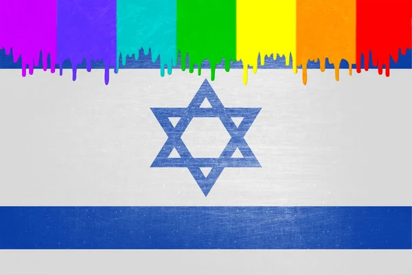 Festék Szivárvány Zászló Színeiben Csöpög Izrael Nemzeti Zászlója Felett — Stock Fotó